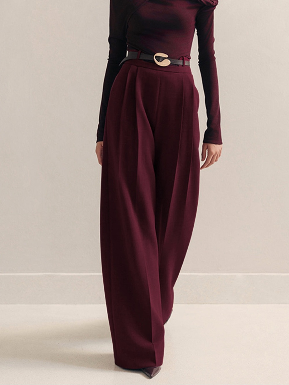Metal-Belt Pleated High-Waist Pants